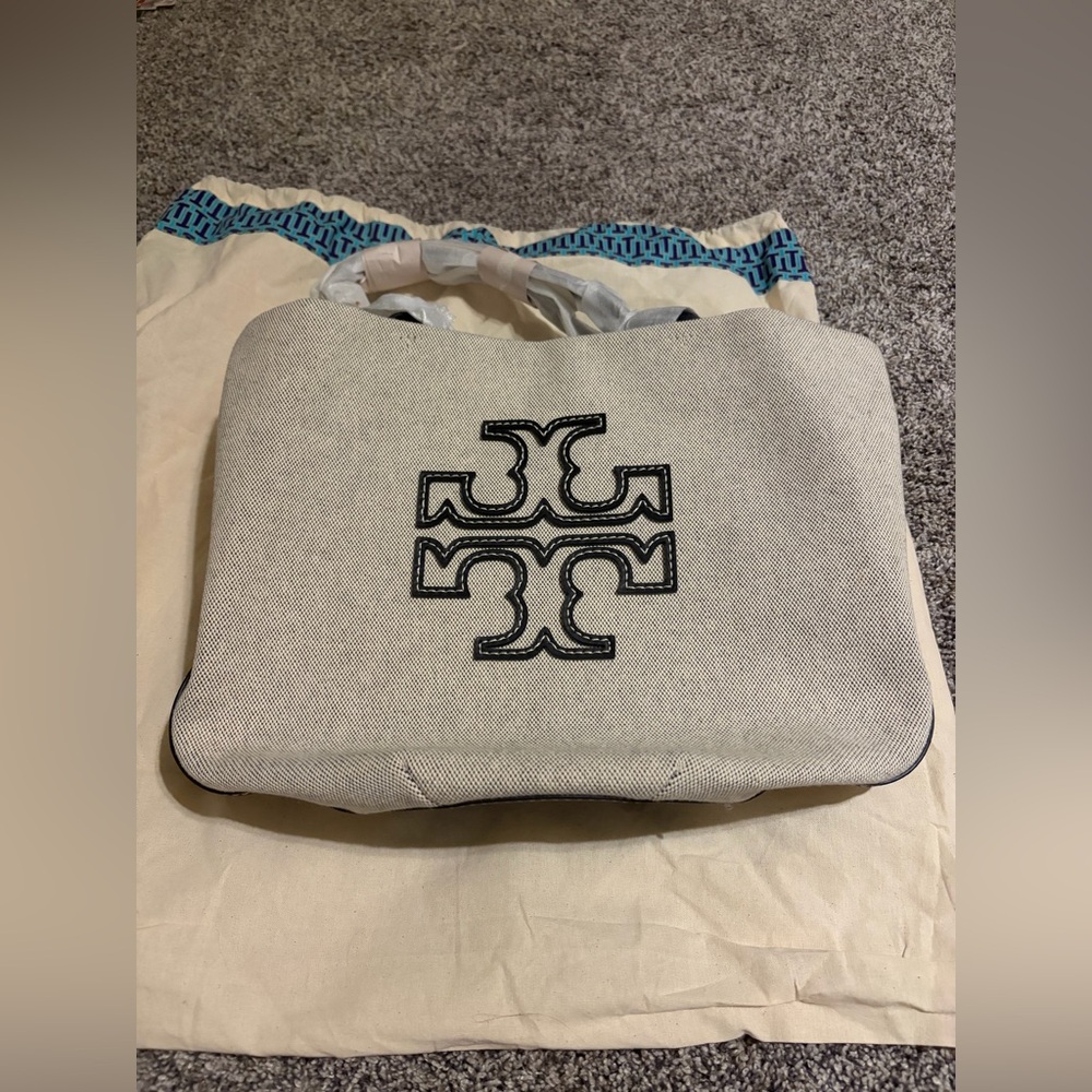 Tory Burch Small Canvas Round Tote, Black/Natural, NWT